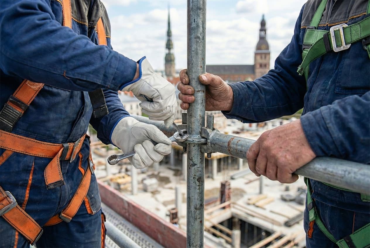 Telineasentajat kokoamassa rakennustelinettä